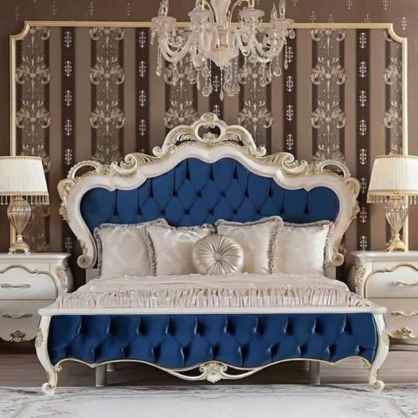 Luxury Royal Blue Velvet King-Size Bed – Elegance Redefined