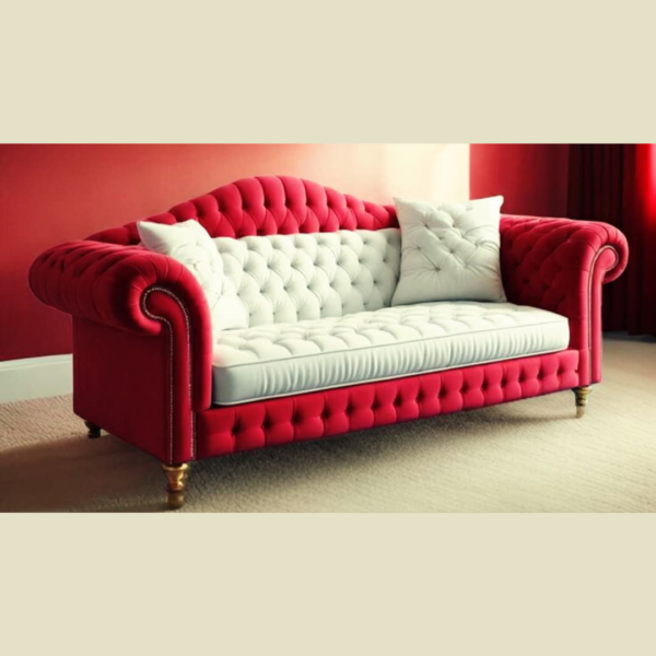 Elegant Chesterfield Sofa – Red & White Dual-Tone Design