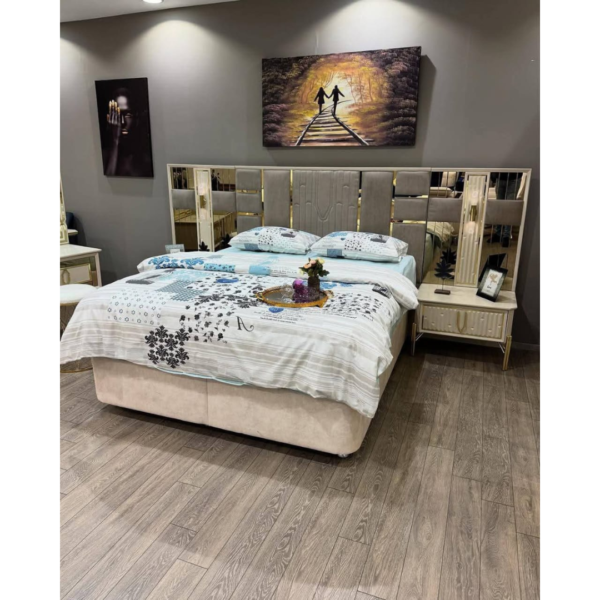 Modern Luxury Bed with Mirrored Panel Headboard
