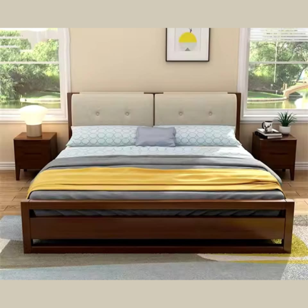 Modern Wooden Bed with Upholstered Headboard