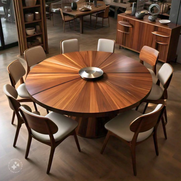 Modern Round Wooden Dining Table Set with Rotating Center